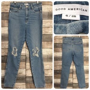 Good American High Rise Skinny Jeans Women’s 6/28 (Inseam 27) Blue Distressed